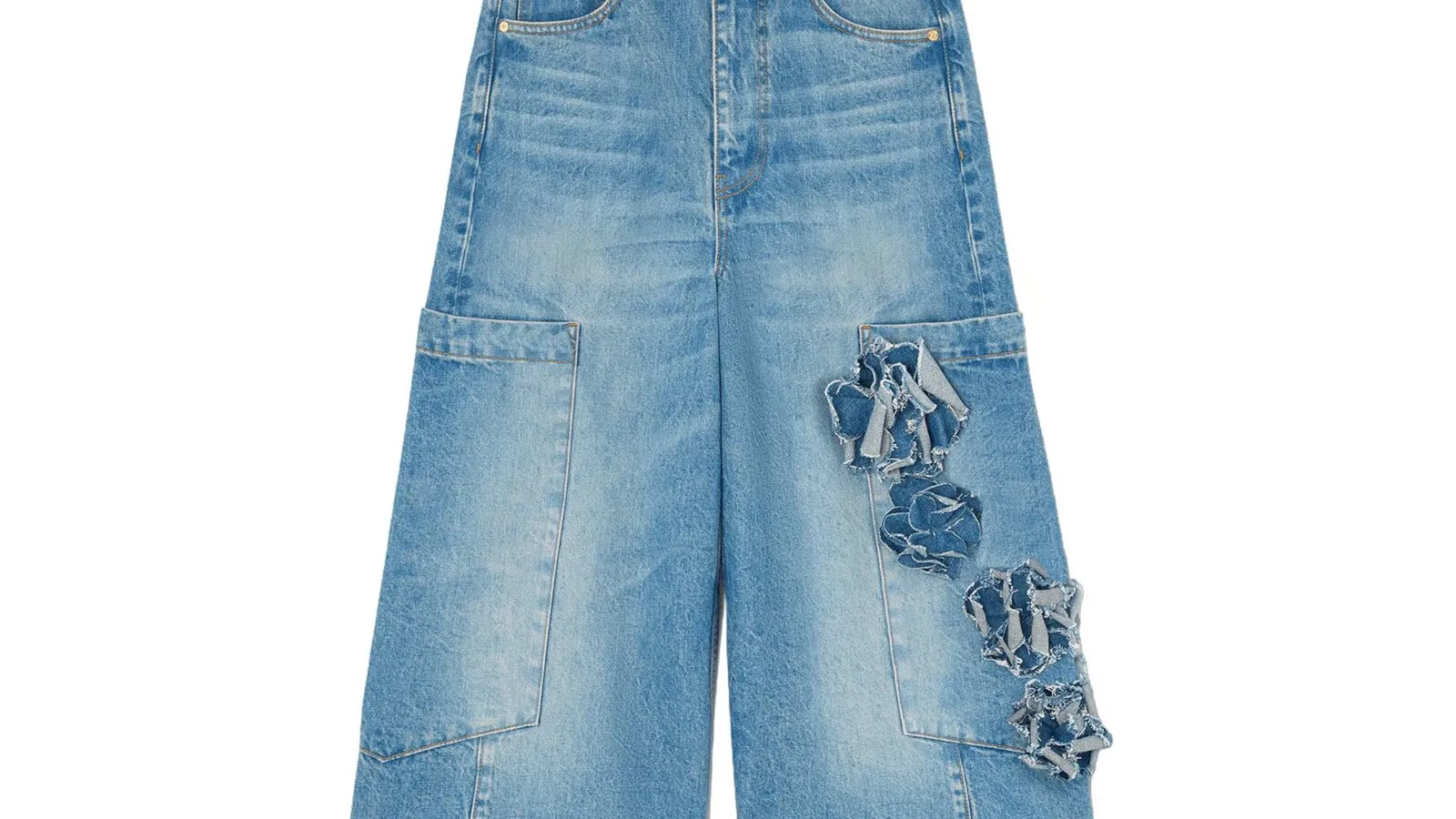 Ganni Flower Denim Cropped Baggy Cargo Jeans met bloemenprint