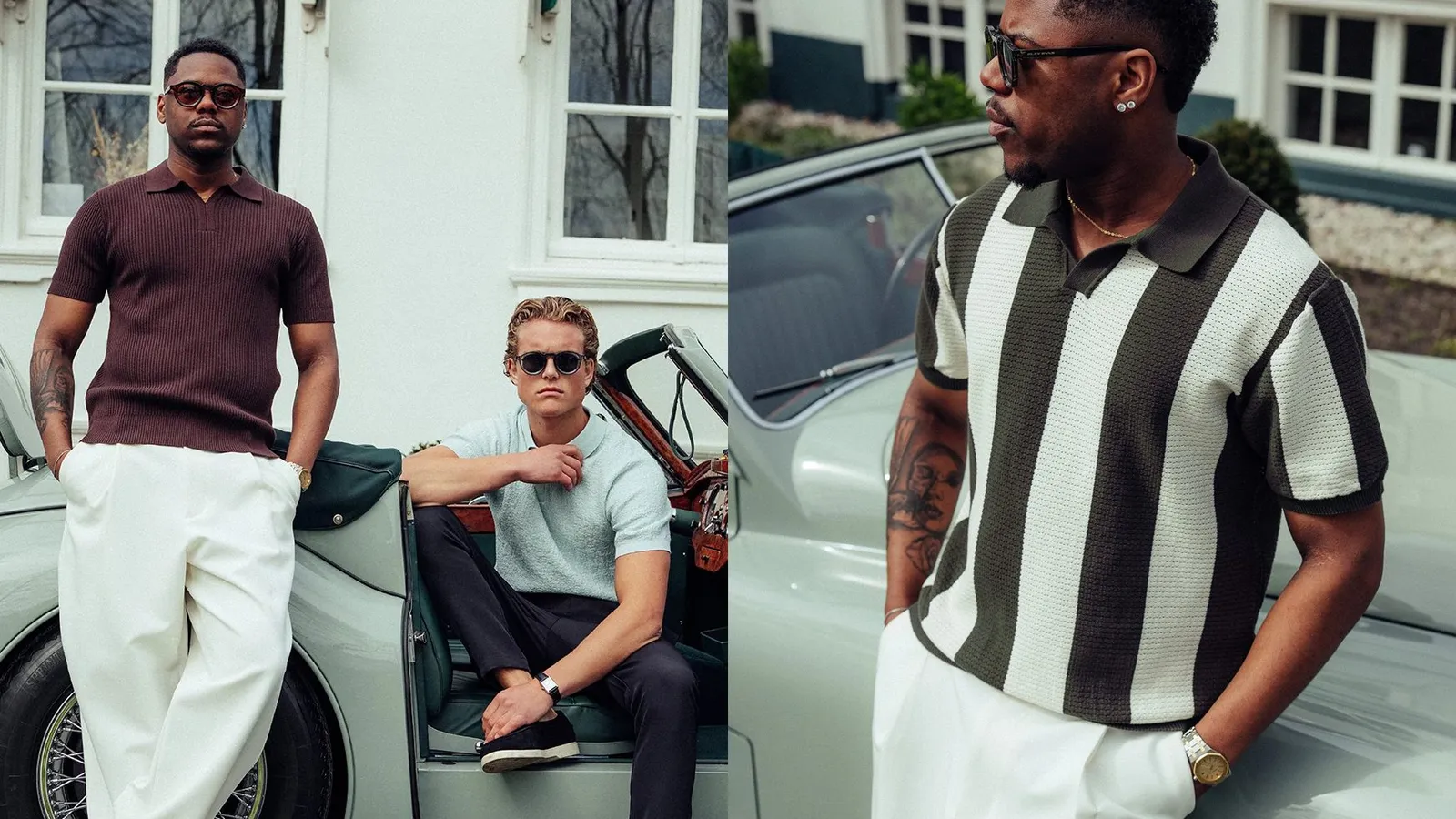 Twee modellen in gestreepte en effen knit polo's met witte pantalons bij een klassieke cabriolet