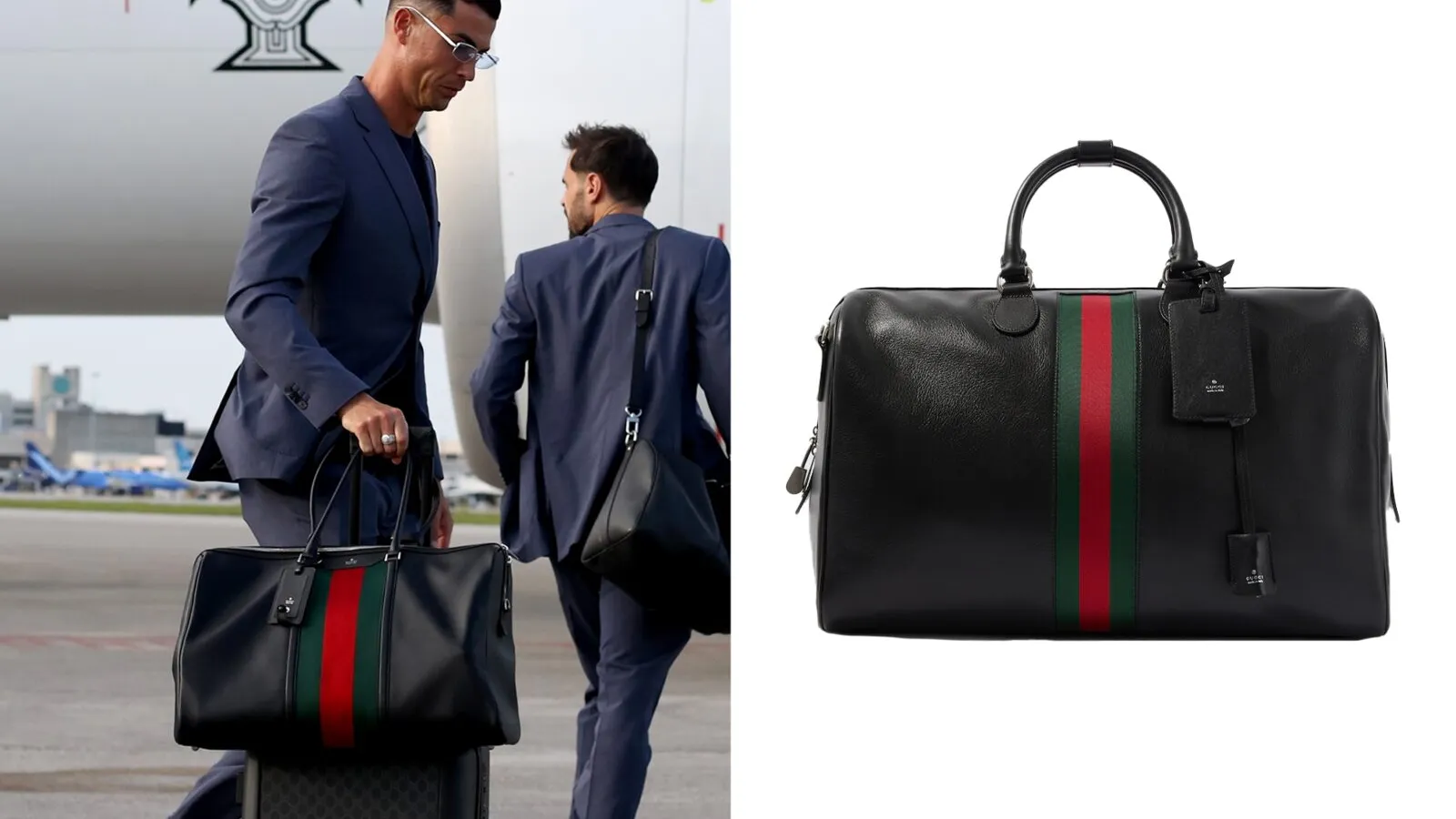Cristiano Ronaldo in pak met een Gucci Calfskin Leather Duffel