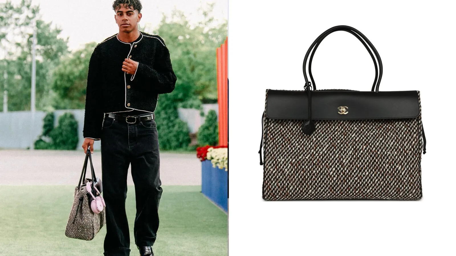 Lamine Yamal in Chanel bouclé tweed met de C26 Métiers d'Art Shopping Tote