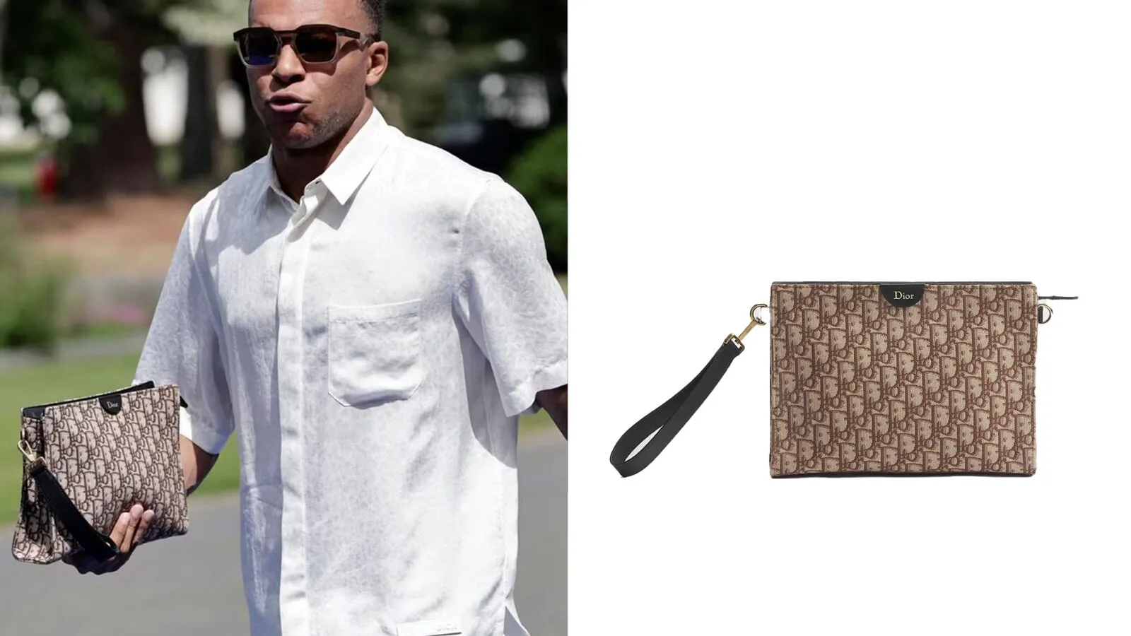Kylian Mbappé met de Dior A5 Triangle Pouch in Dior Oblique jacquard