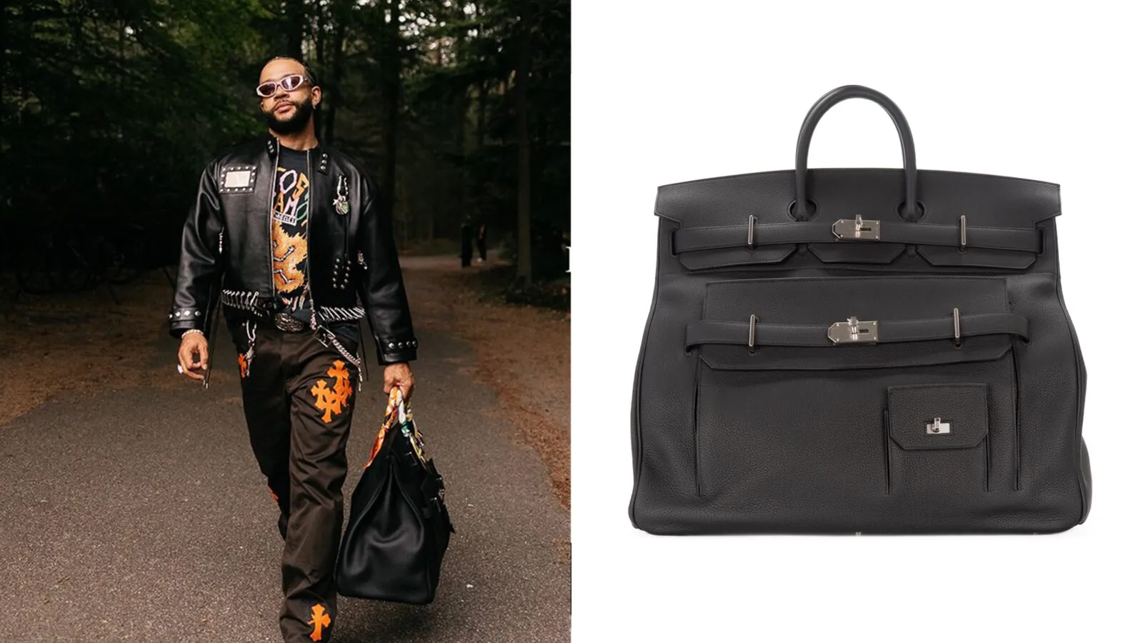 Memphis Depay met een Hermès HAC 50 reistas bij aankomst