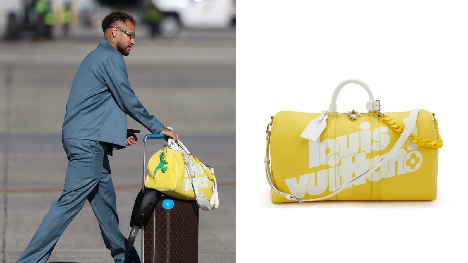 Neymar Jr met een Louis Vuitton Horizon 55 koffer en gele Keepall Bandoulière 50