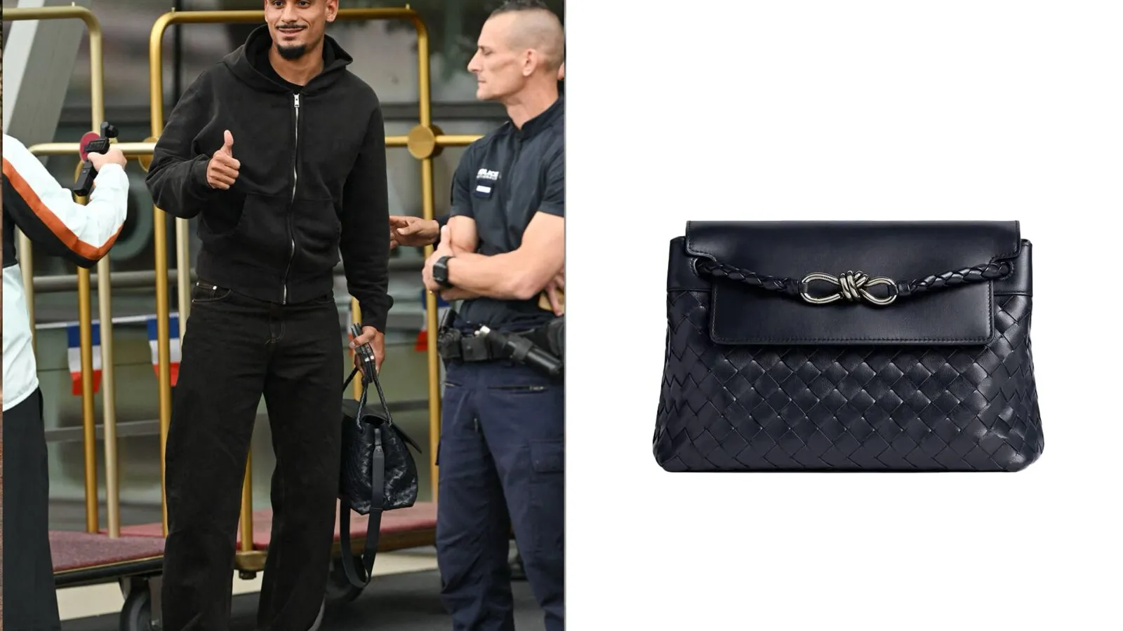 Maxence Lacroix met de Bottega Veneta Andiamo Messenger in zwart intrecciato leer