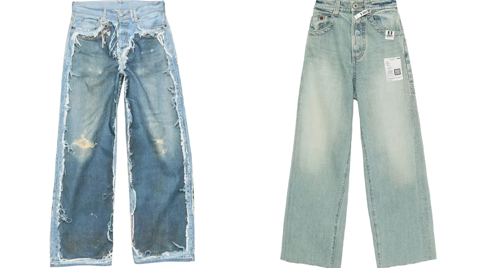 Twee jeans naast elkaar: een ripped light-wash jeans en een wide leg jeans in lichte wash