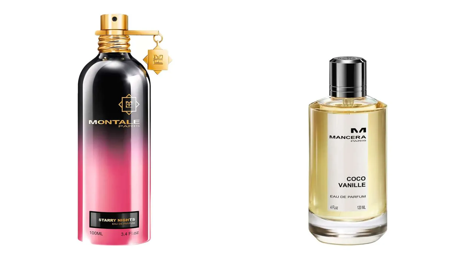 Twee parfumflacons: Montale Starry Nights en Mancera Coco Vanille
