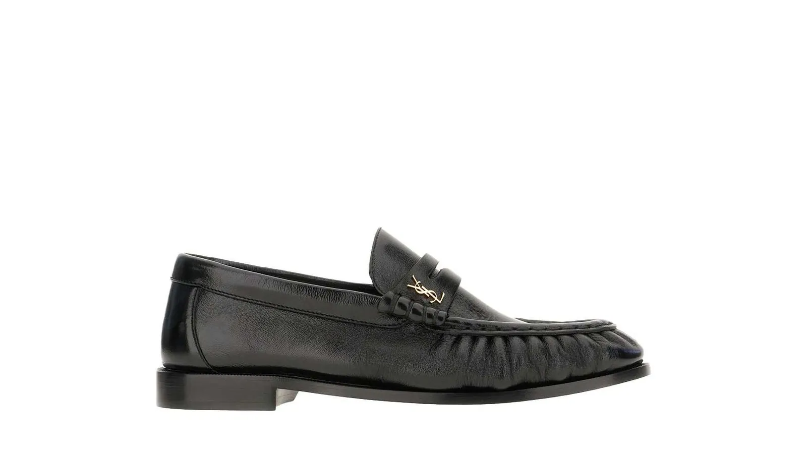 Zwarte leren Saint Laurent loafer met goudkleurig YSL logo
