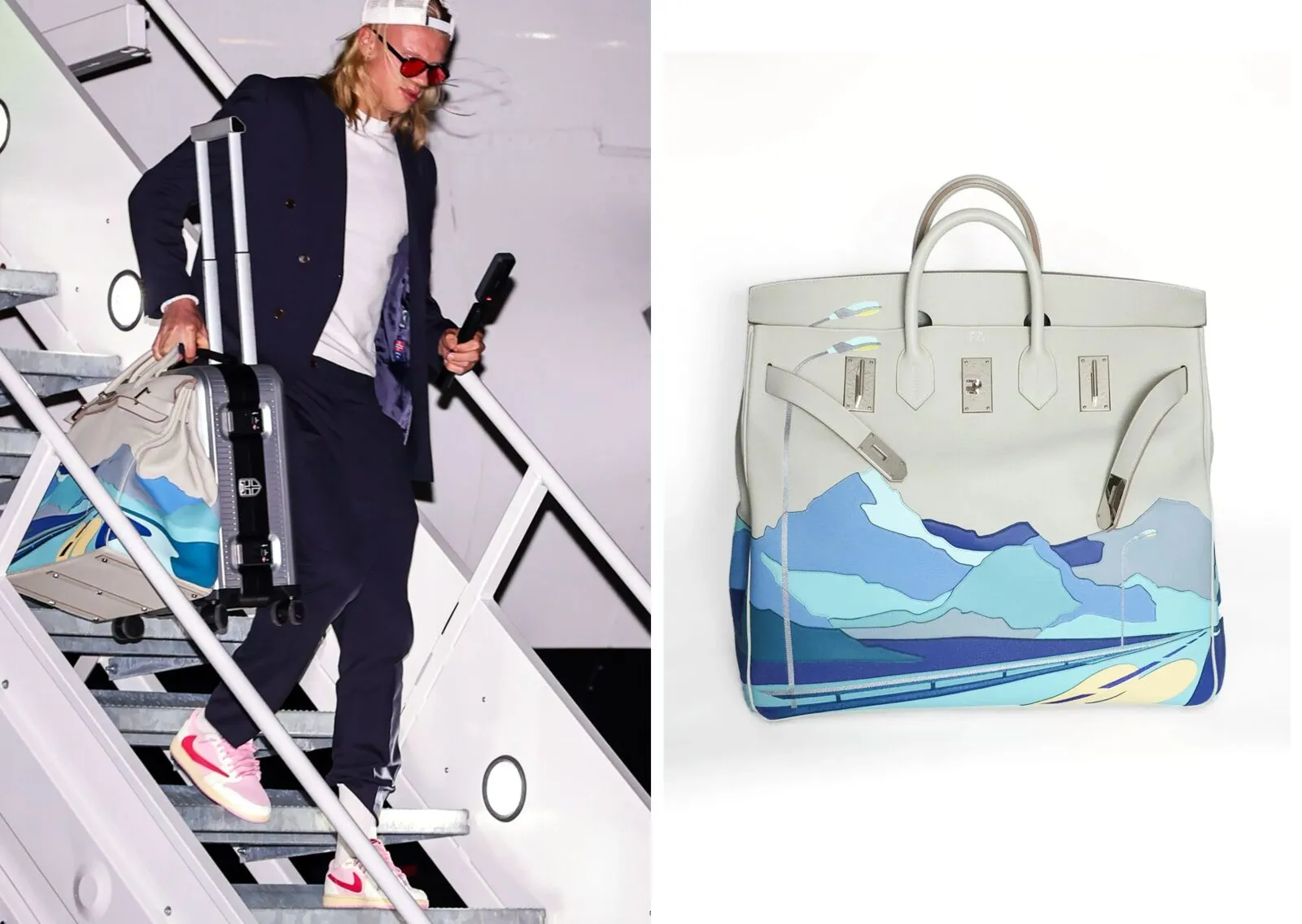 Erling Haaland with his Hermès Endless Road HAC 50 travel bag