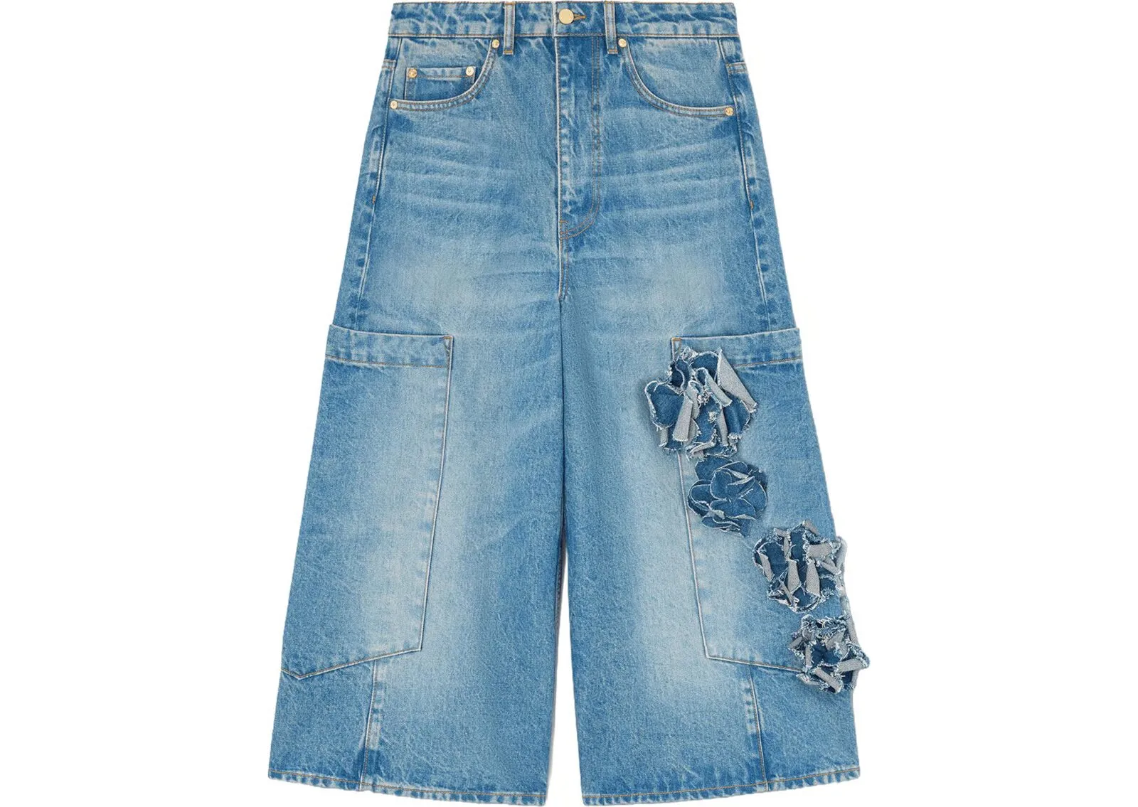 Ganni Flower Denim Cropped Baggy Cargo Jeans with flower print