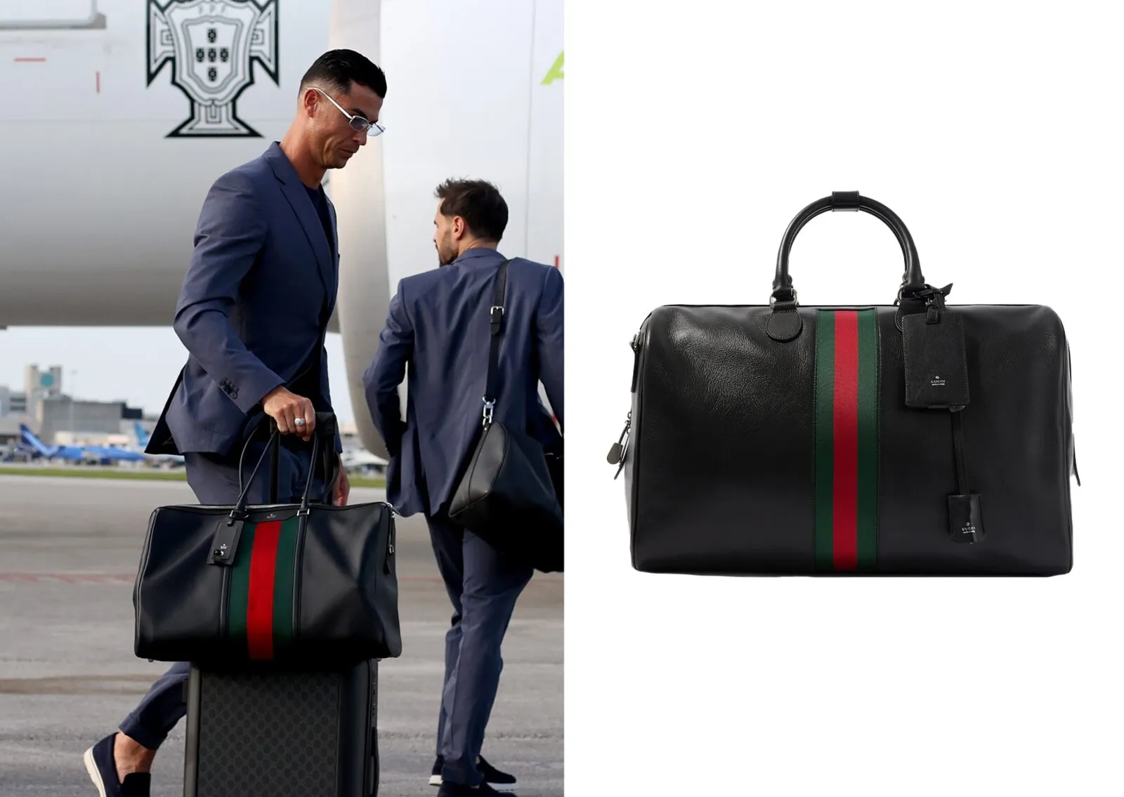 Cristiano Ronaldo in a suit with a Gucci Calfskin Leather Duffel