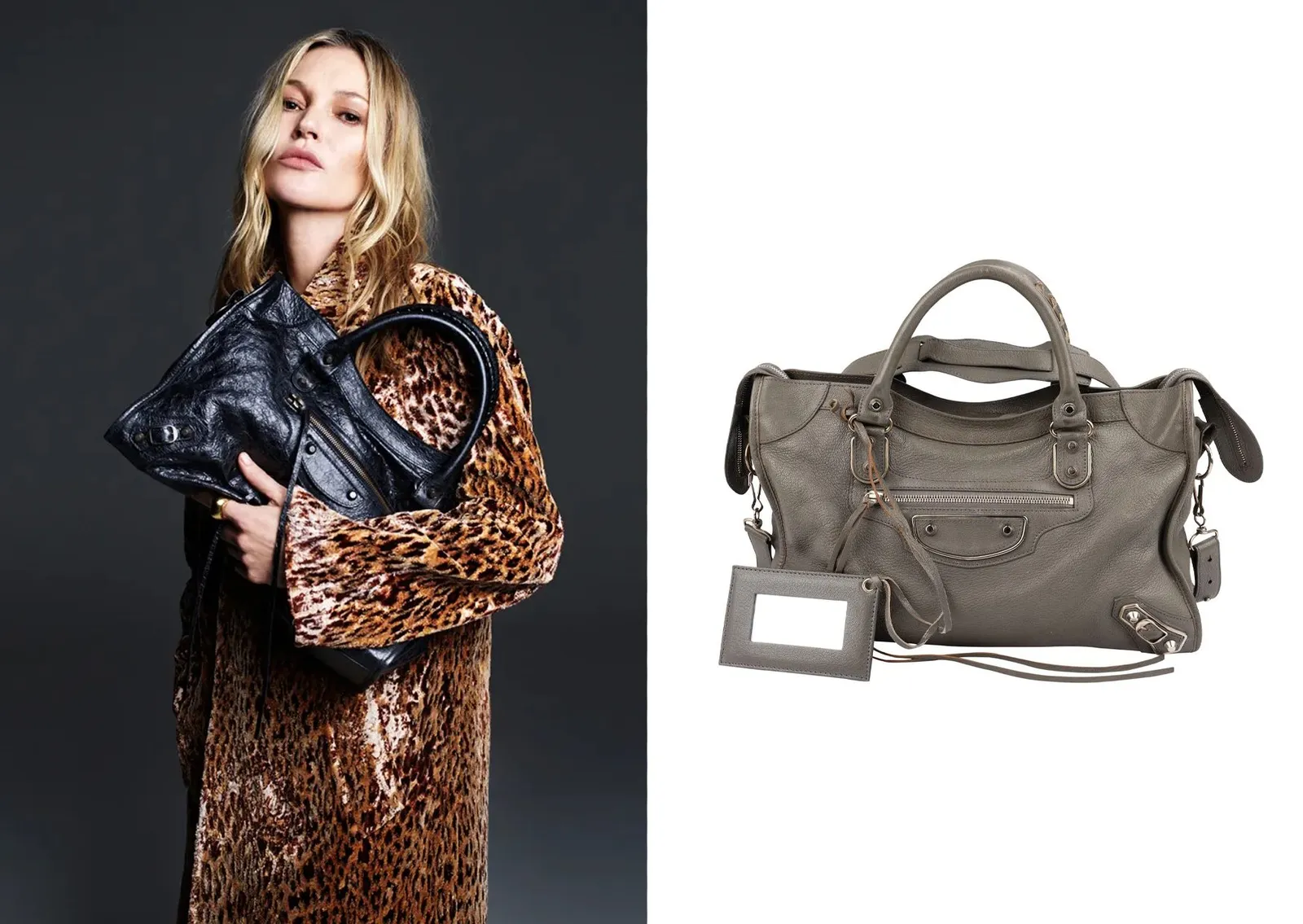 Balenciaga campagnebeeld met luipaardjas en de grijze City Bag met kwastjes