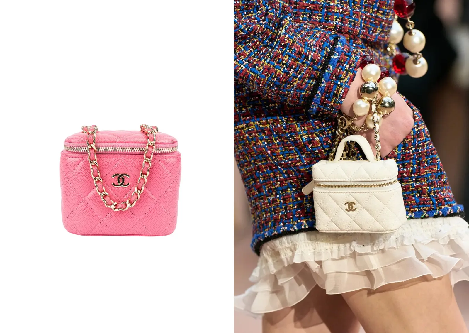 Roze Chanel Vanity Bag met gouden ketting en een witte Vanity Bag op de catwalk