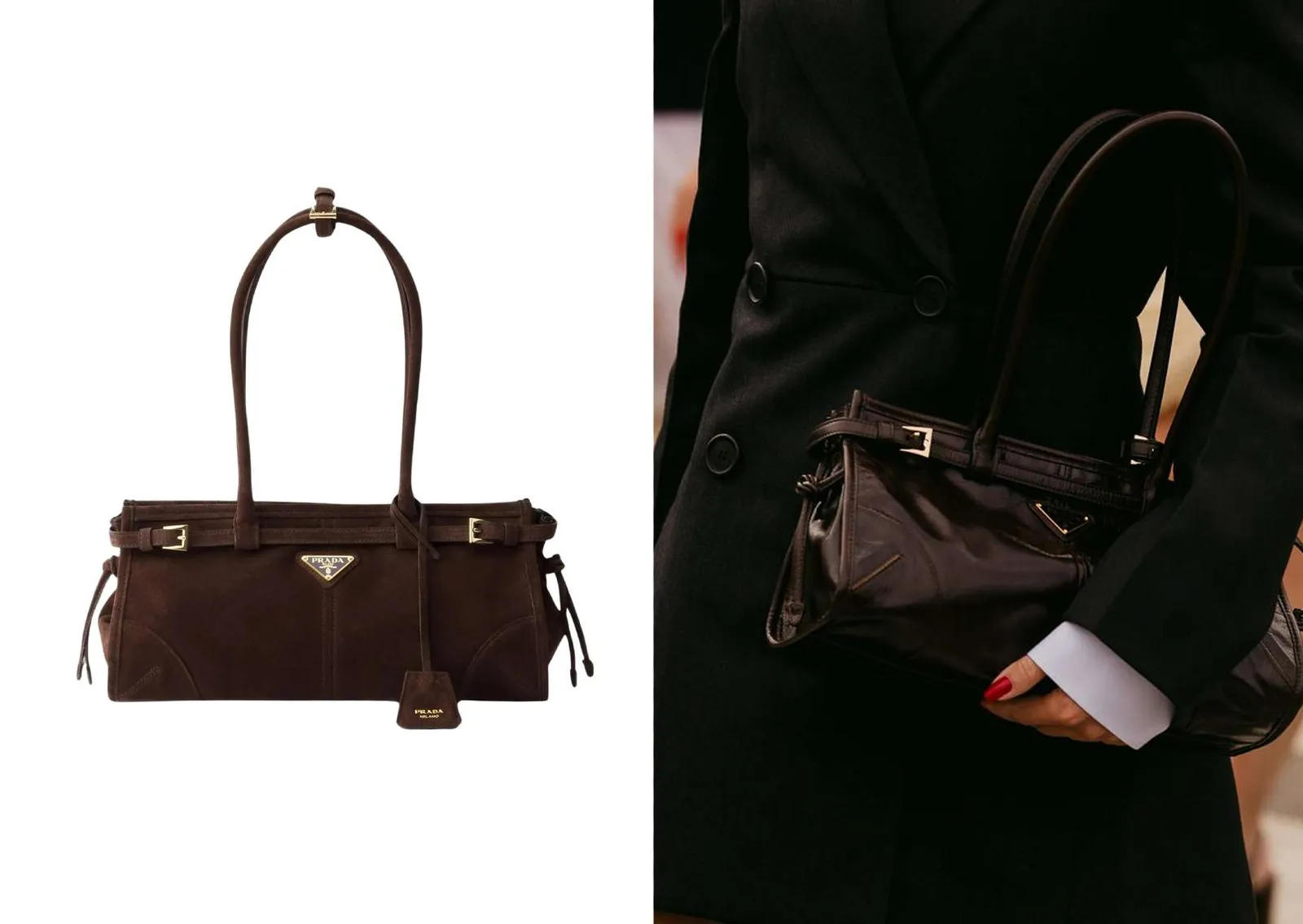 Bruine Prada Bonnie tas in suède en dezelfde tas gedragen onder een zwarte blazer