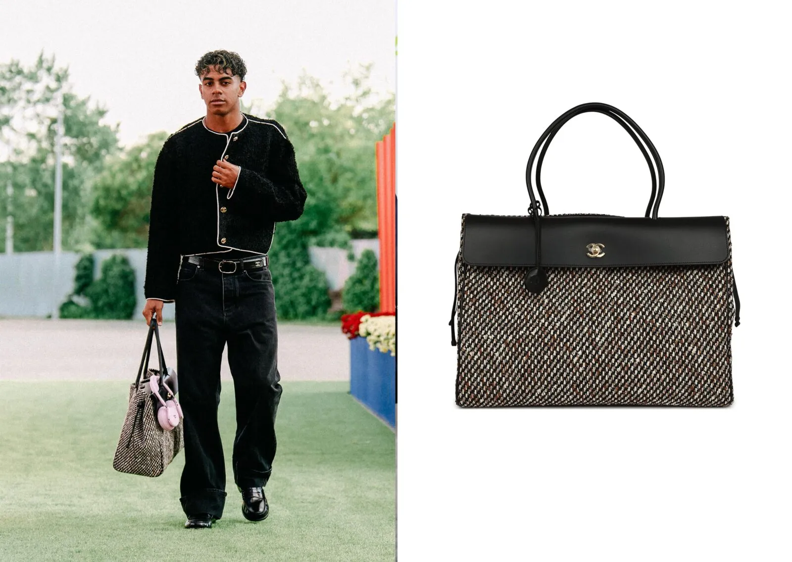 Lamine Yamal in Chanel bouclé tweed with the C26 Métiers d'Art Shopping Tote