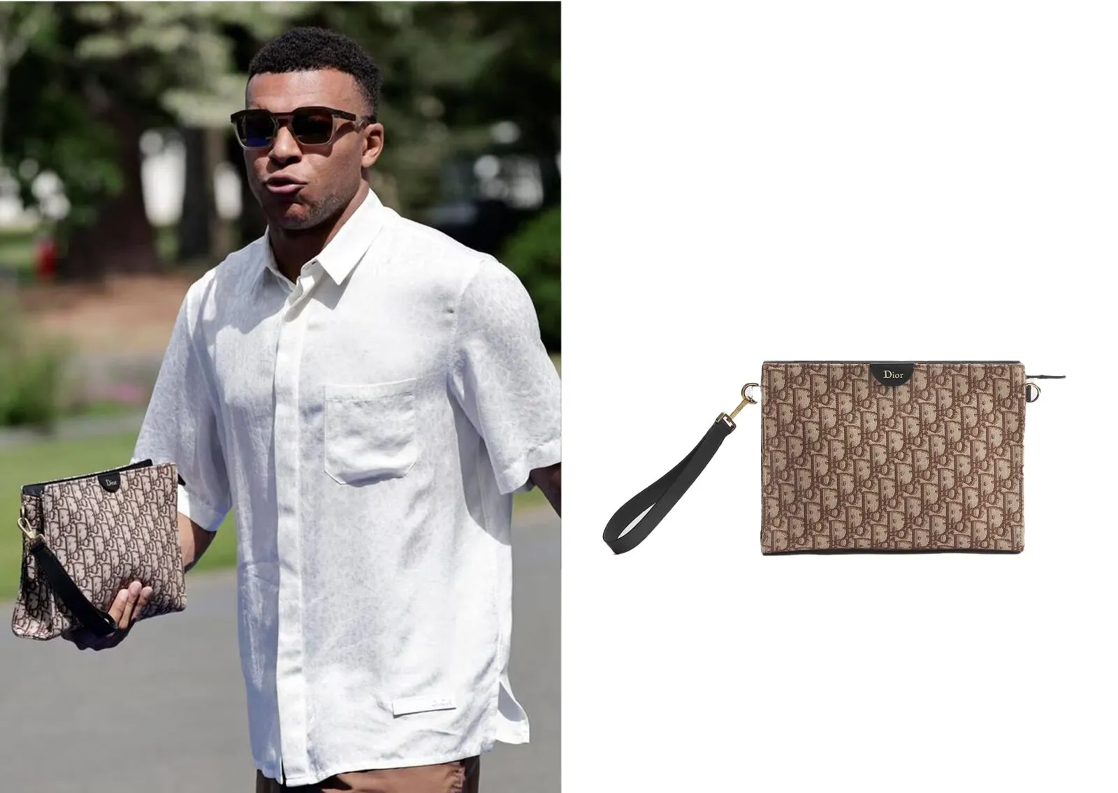 Kylian Mbappé with the Dior A5 Triangle Pouch in Dior Oblique jacquard