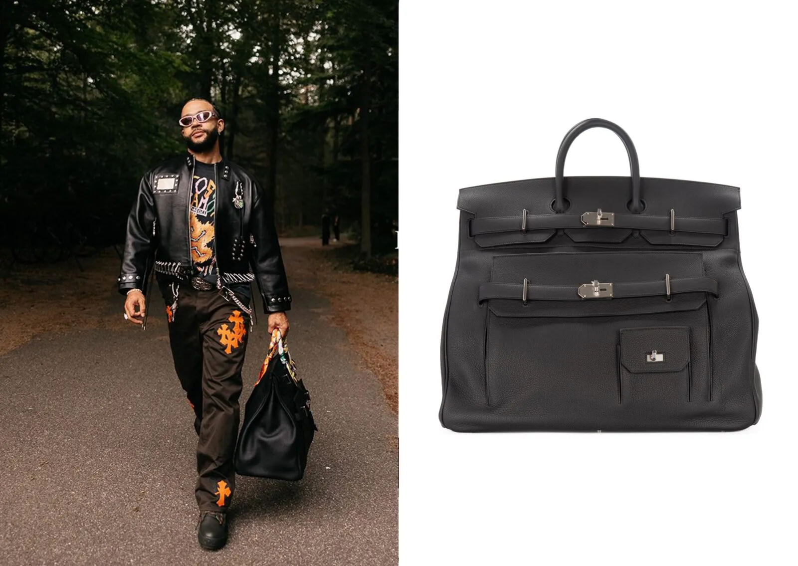Memphis Depay with a Hermès HAC 50 travel bag on arrival