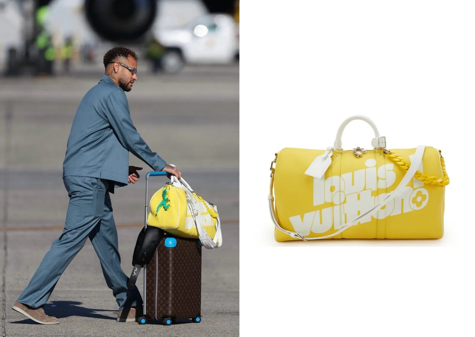 Neymar Jr with a Louis Vuitton Horizon 55 case and yellow Keepall Bandoulière 50