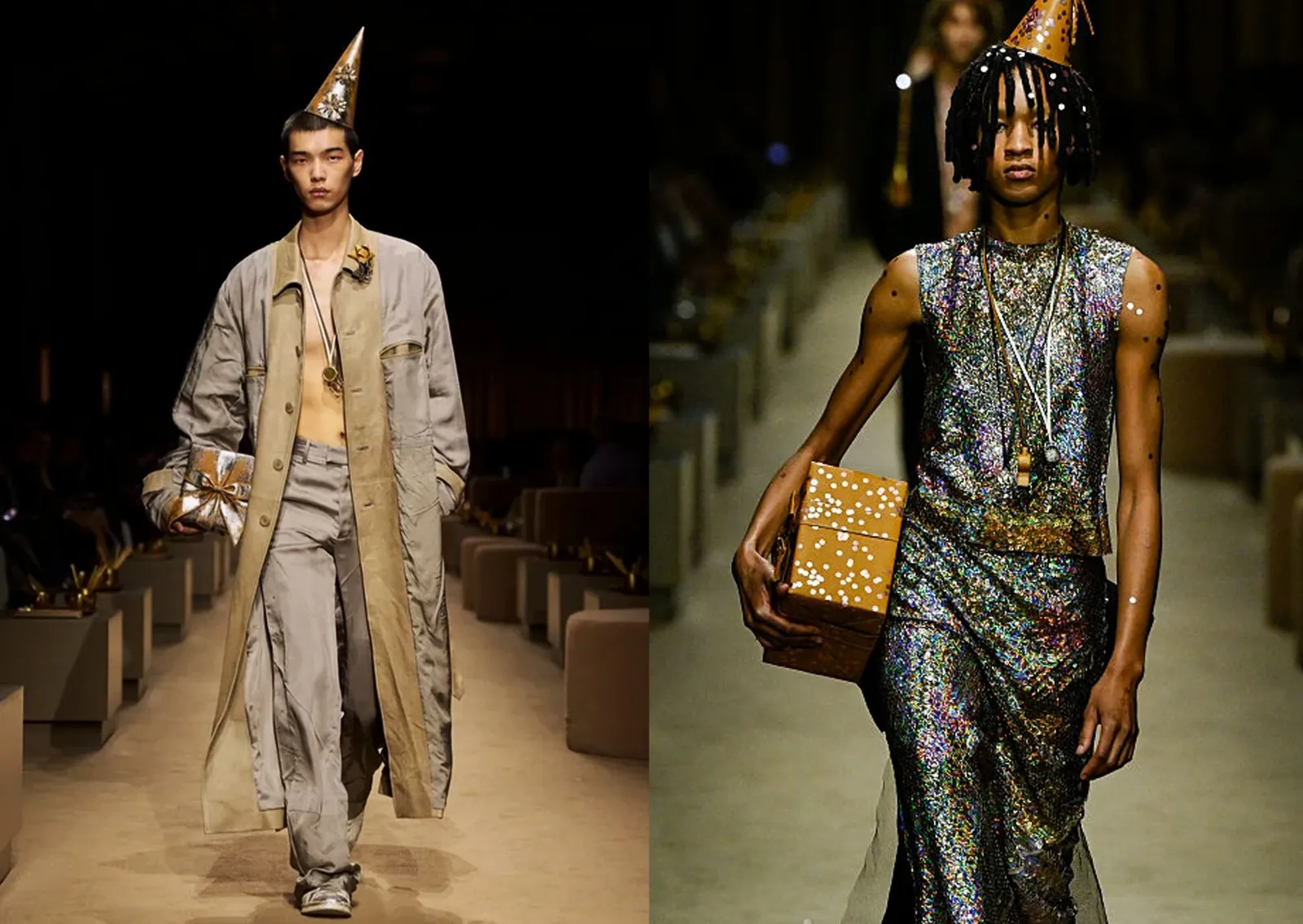 Coach SS27 looks met gouden party hats tijdens de 85e verjaardagsshow