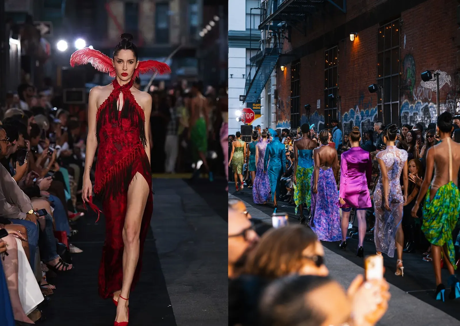 Kim Shui SS27 look in rood met veren tijdens de outdoor show in New York