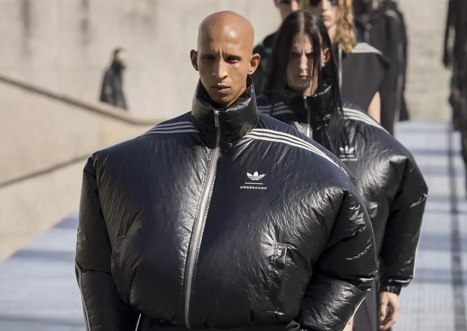 Rick Owens x Adidas SS27 look with a sculptural inflatable jacket