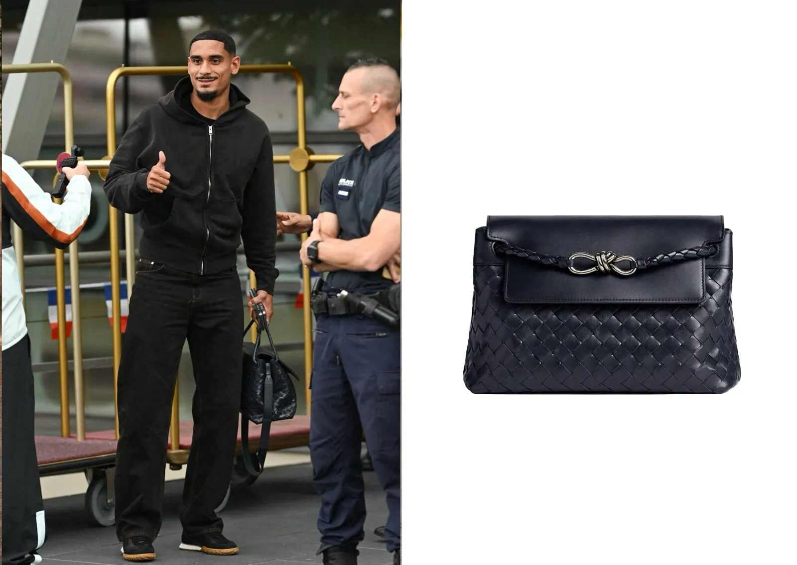 Maxence Lacroix with the Bottega Veneta Andiamo Messenger in black intrecciato leather