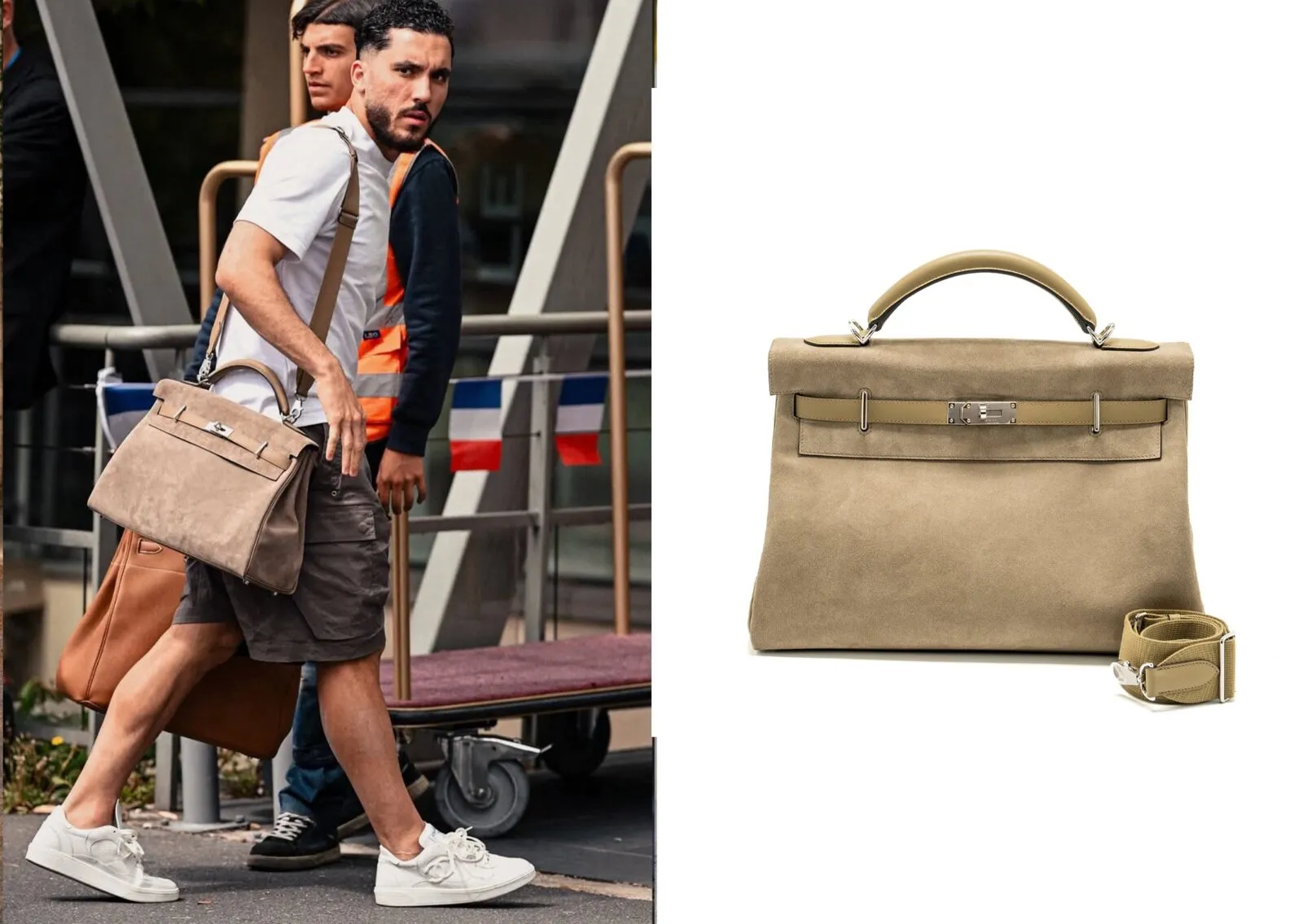 Rayan Cherki with the Hermès Kelly Maxi in Grizzly leather