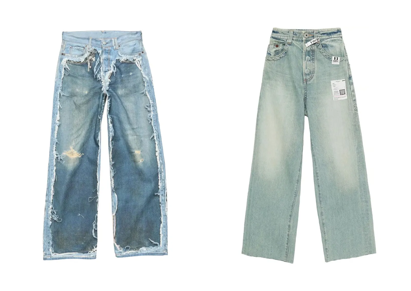 Two pairs of jeans side by side: ripped light-wash jeans and wide-leg jeans in a light wash