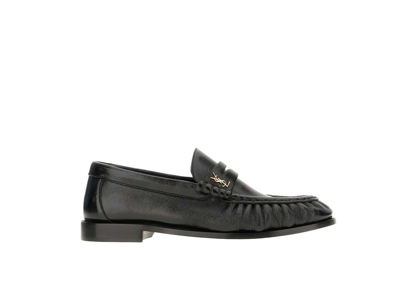 Black leather Saint Laurent loafer with gold-tone YSL logo