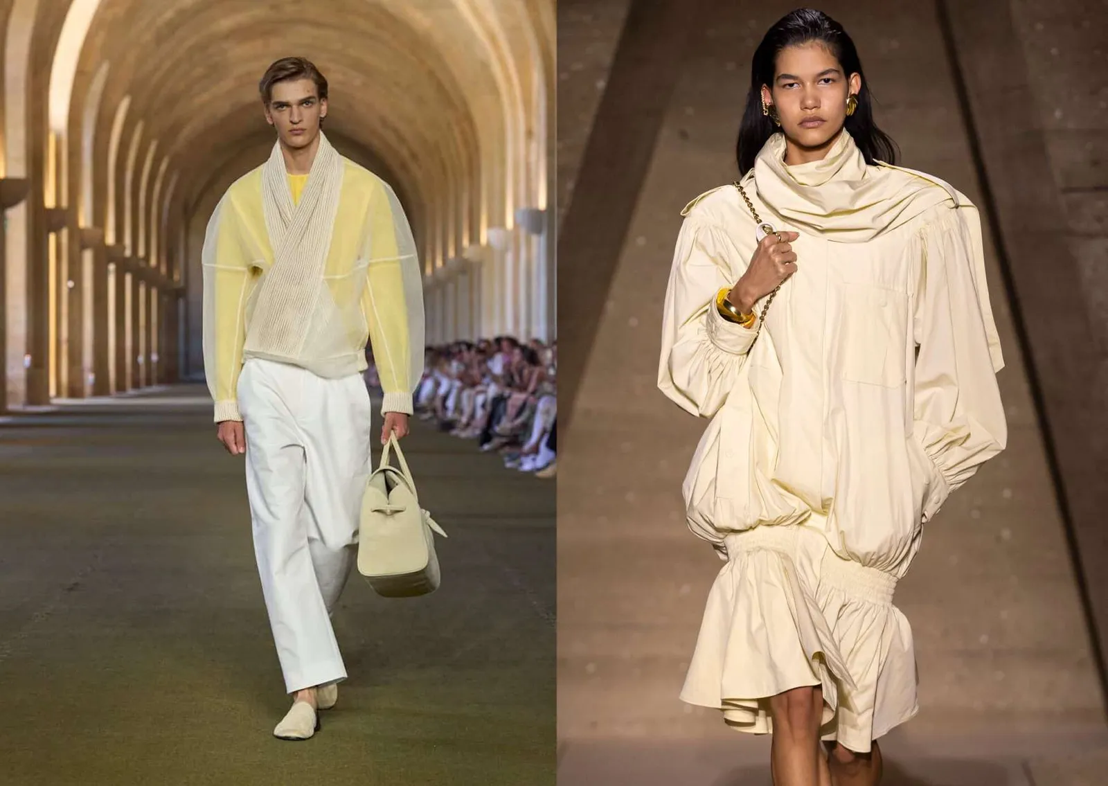 Runwaylooks in butter yellow: een zachtgele cardigan en een crèmekleurige gedrapeerde jurk
