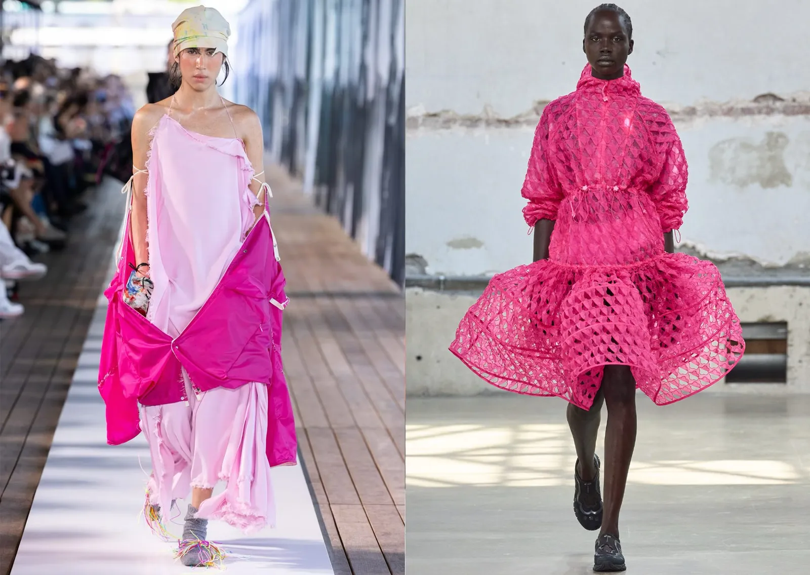 Fuchsia roze runwaylooks: een gedrapeerde satijnen jurk en een sculpturale magenta jurk