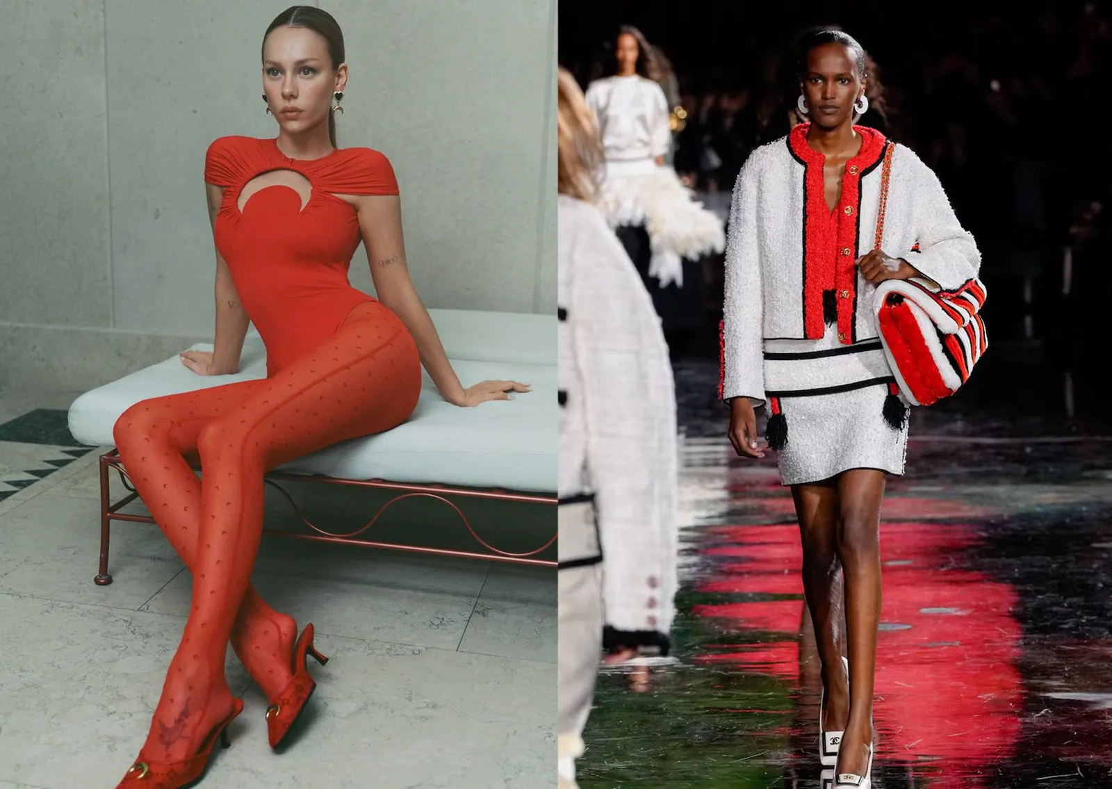 Rode catsuit met rode panty en een Chanel tweed set met tomaatrode details