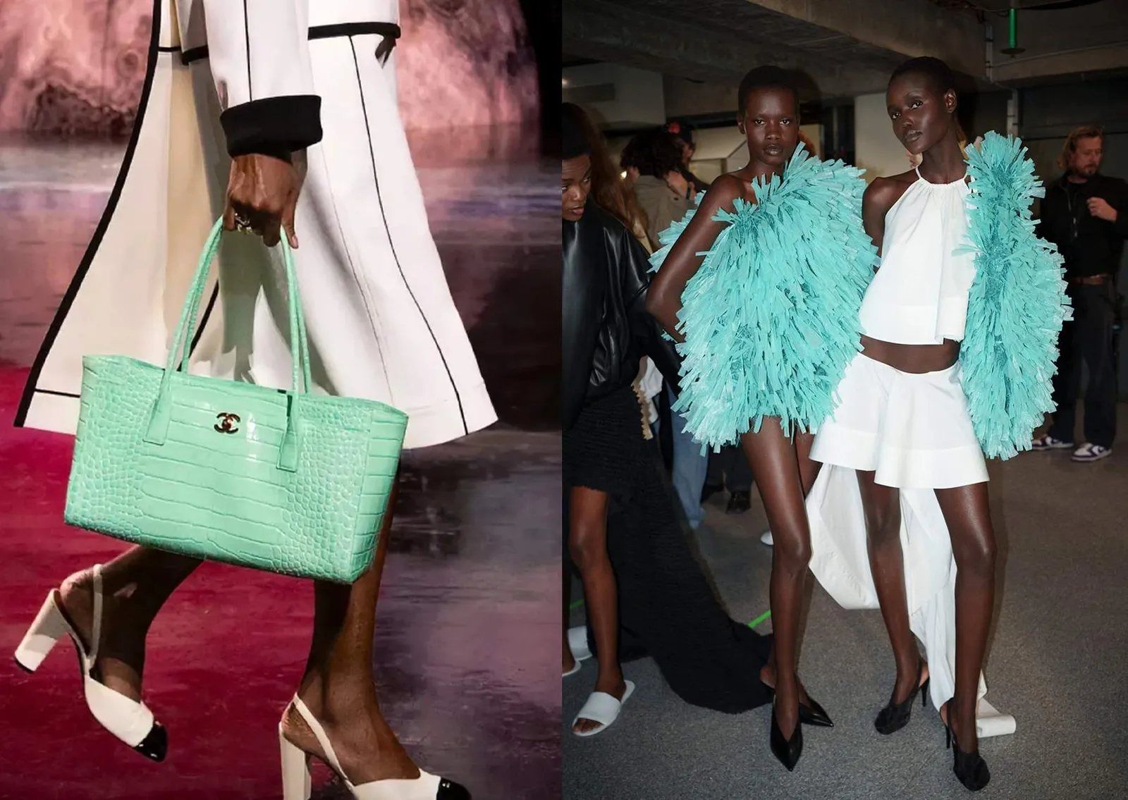 Turquoise Chanel tas in krokodillenleer en turquoise veren looks van Stella McCartney