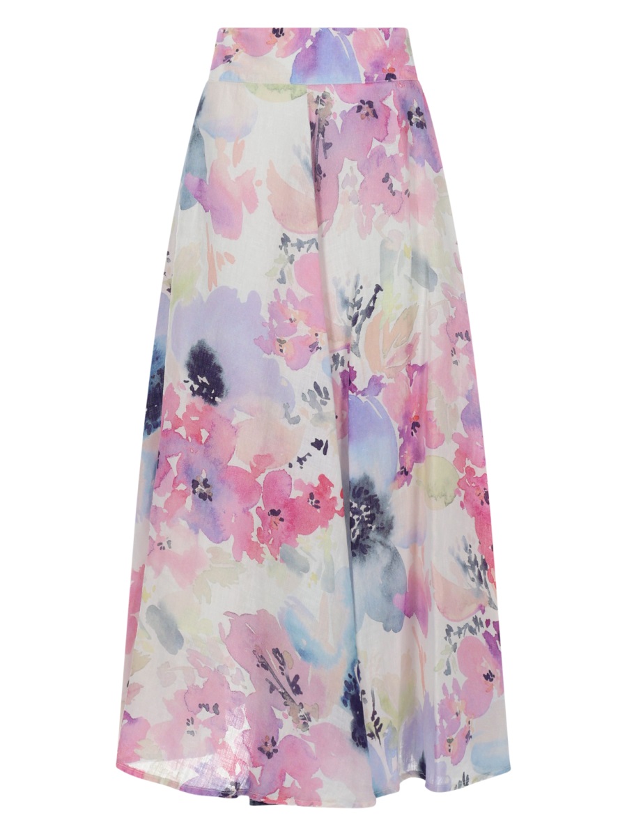 120% Lino Pastel Watercolor Floral Linen Maxi Skirt Roze