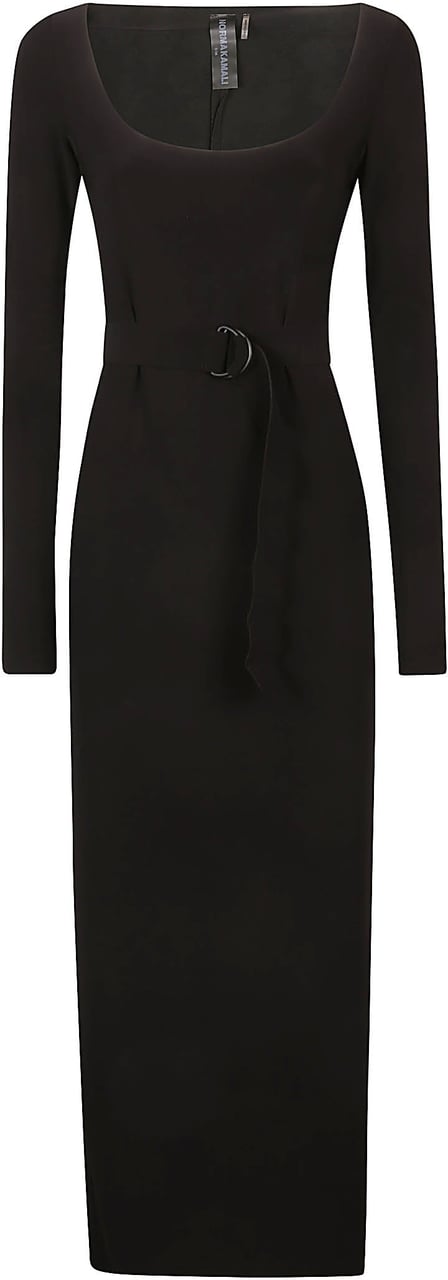 Norma Kamali Long Sleeve Deep Scoop Neck Side Slit Dress Black Zwart