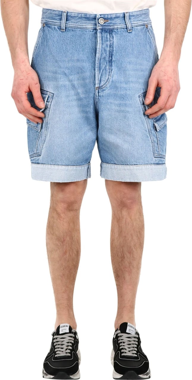 Balmain embroidered-logo denim shorts Blauw