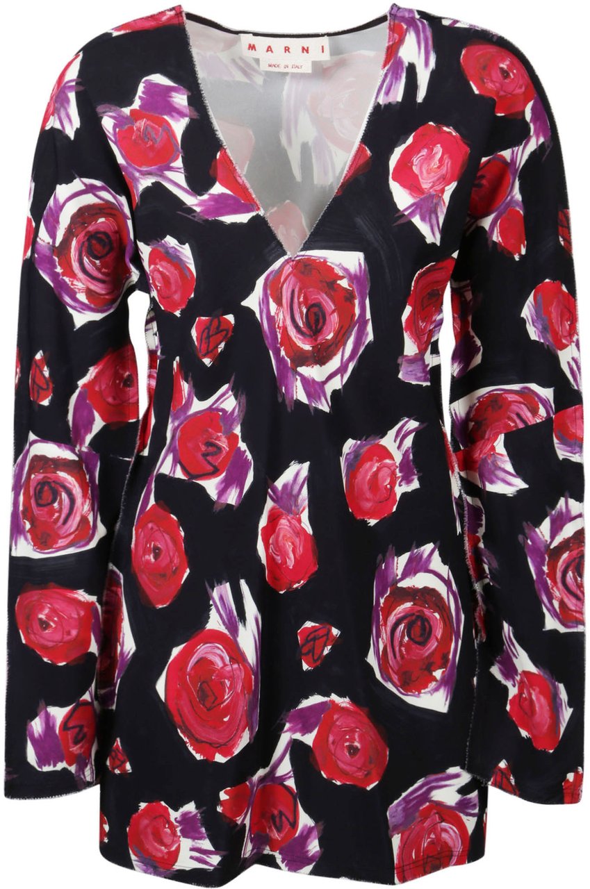 Marni Spinning Roses Print Cady Long Shirt Black Zwart