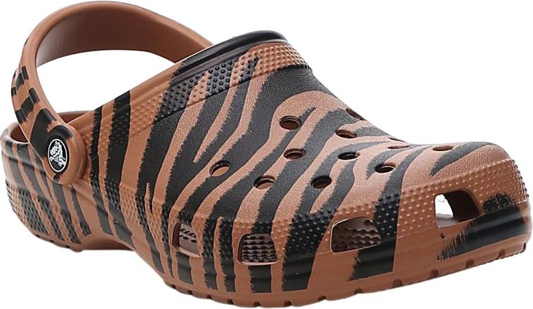 Crocs Brown/black zebra-print slides from CROCS featuring slip-on style, tiger print, slingback strap, round toe and flat rubber sole. Dierenprint