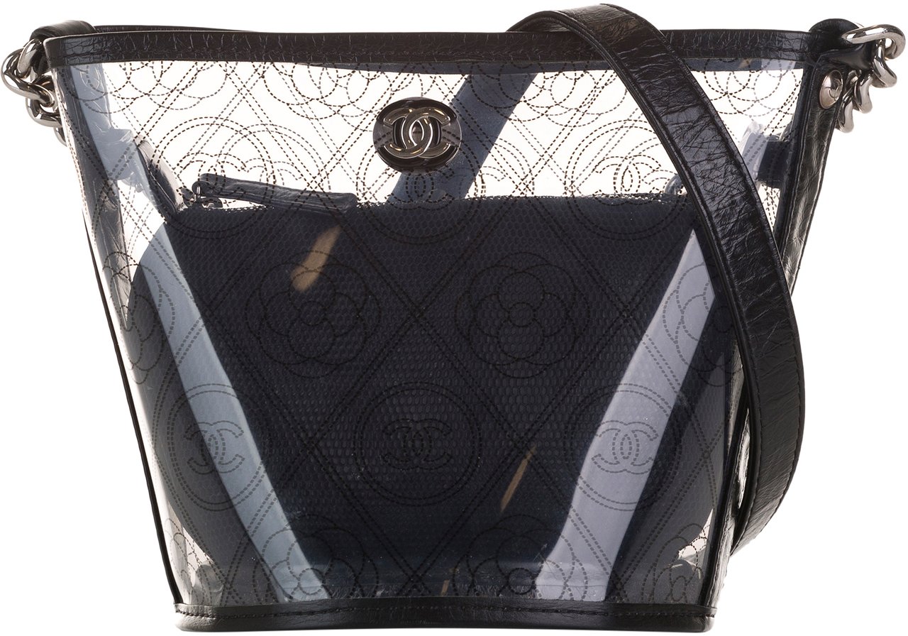 Chanel Crumpled Calfskin PVC Camellia Bucket Zwart
