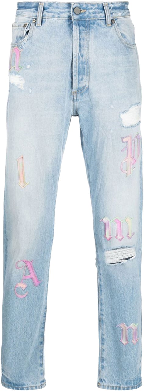 Palm Angels ripped embroidered tapered jeans Blauw