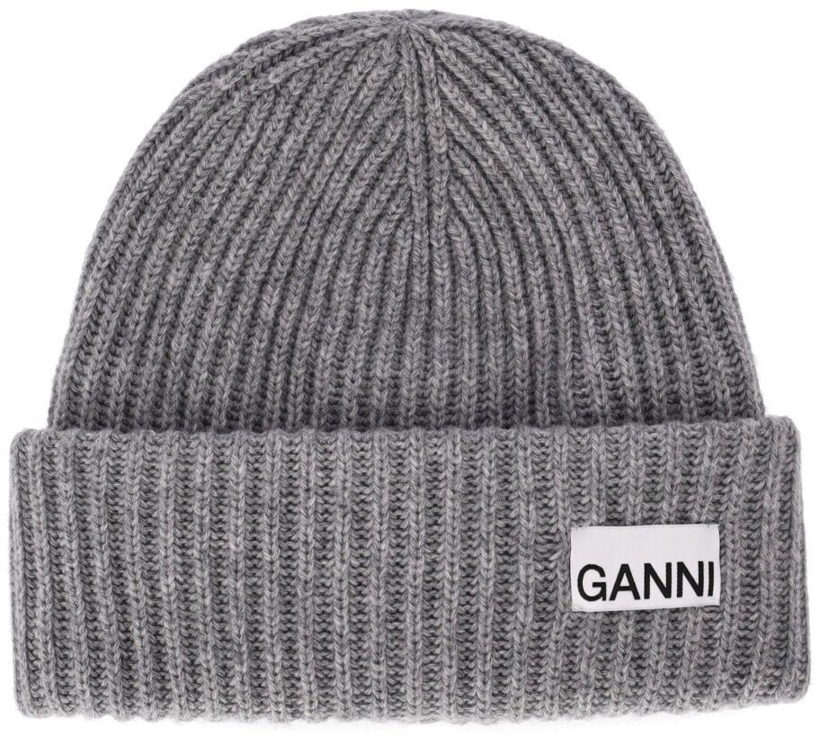 Ganni Mélange Grey Oversize Ribbed Beanie Gray Grijs