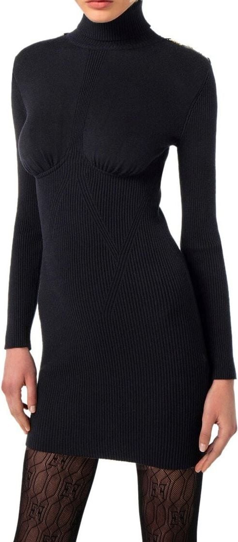 Elisabetta Franchi Black Knitted Turtleneck Dress Black Zwart