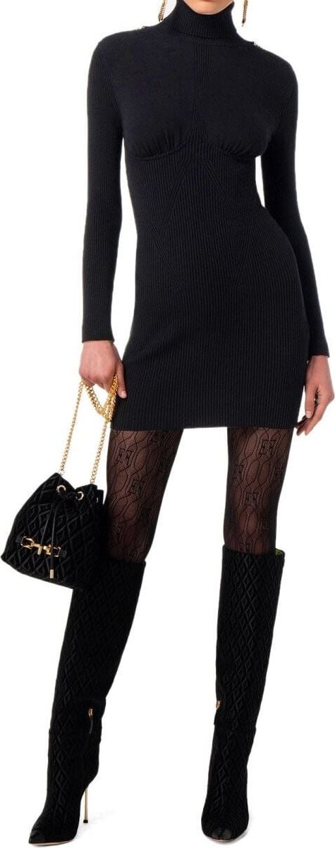 Elisabetta Franchi Black Knitted Turtleneck Dress Black Zwart