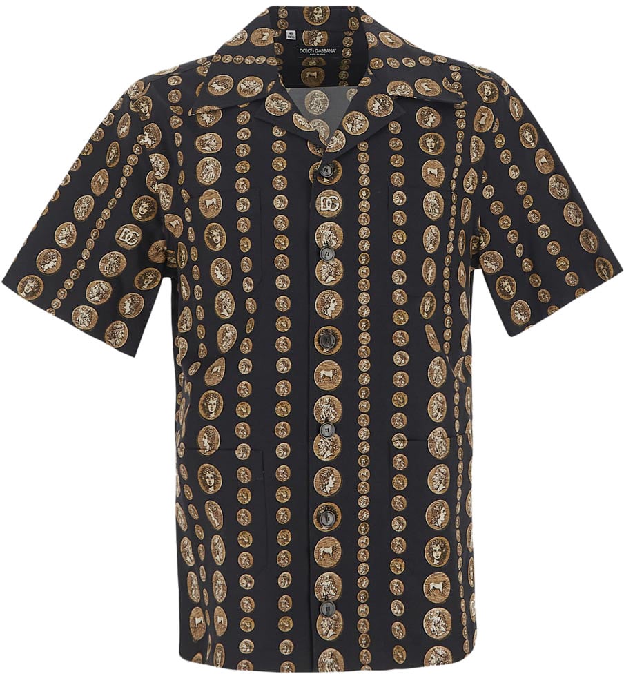 Dolce & Gabbana Coin Print Stretch Drill Hawaiian Shirt Zwart