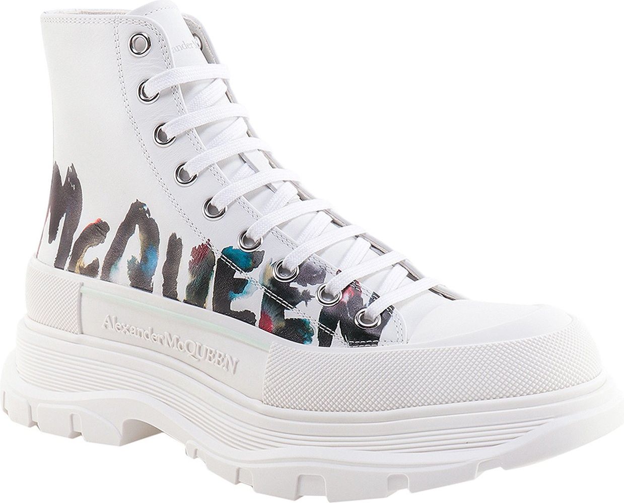 Alexander McQueen Leather sneakers with multicolor McQueen Graffiti logo Wit