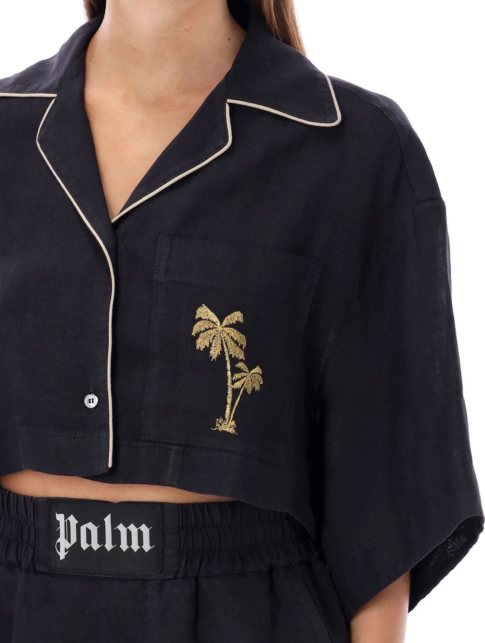 Palm Angels Cropped linen bowling shirt Zwart