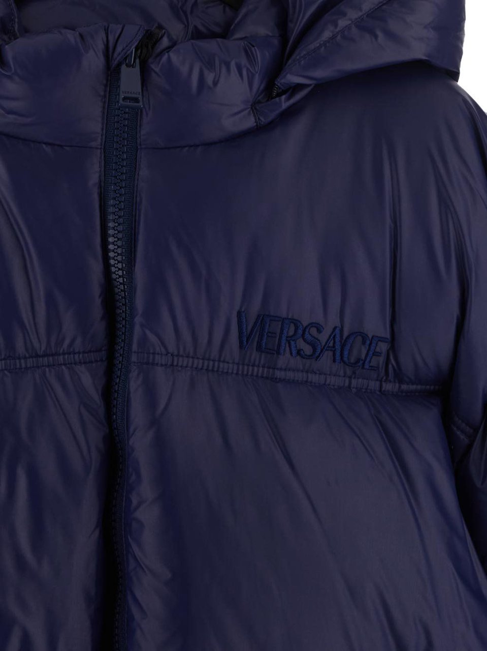 Versace Logo Embroidery Down Jacket Blauw