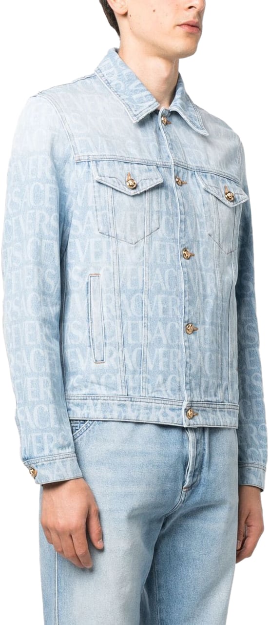 Versace Logo Laser Print Denim Jacket Blauw