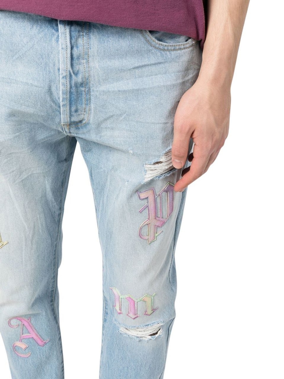 Palm Angels ripped embroidered tapered jeans Blauw