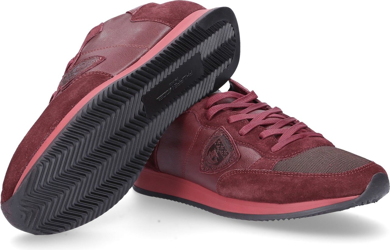 Philippe Model Men Sneaker TROPEZ Smooth Leather Suede Textile Logo Patch Bordeaux - Logo Rood