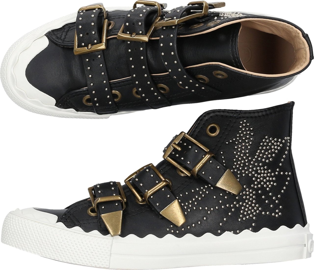 Chloé Women Sneakers SUSANNA High Leather Black Rivets Gold Floral - Virgin Zwart